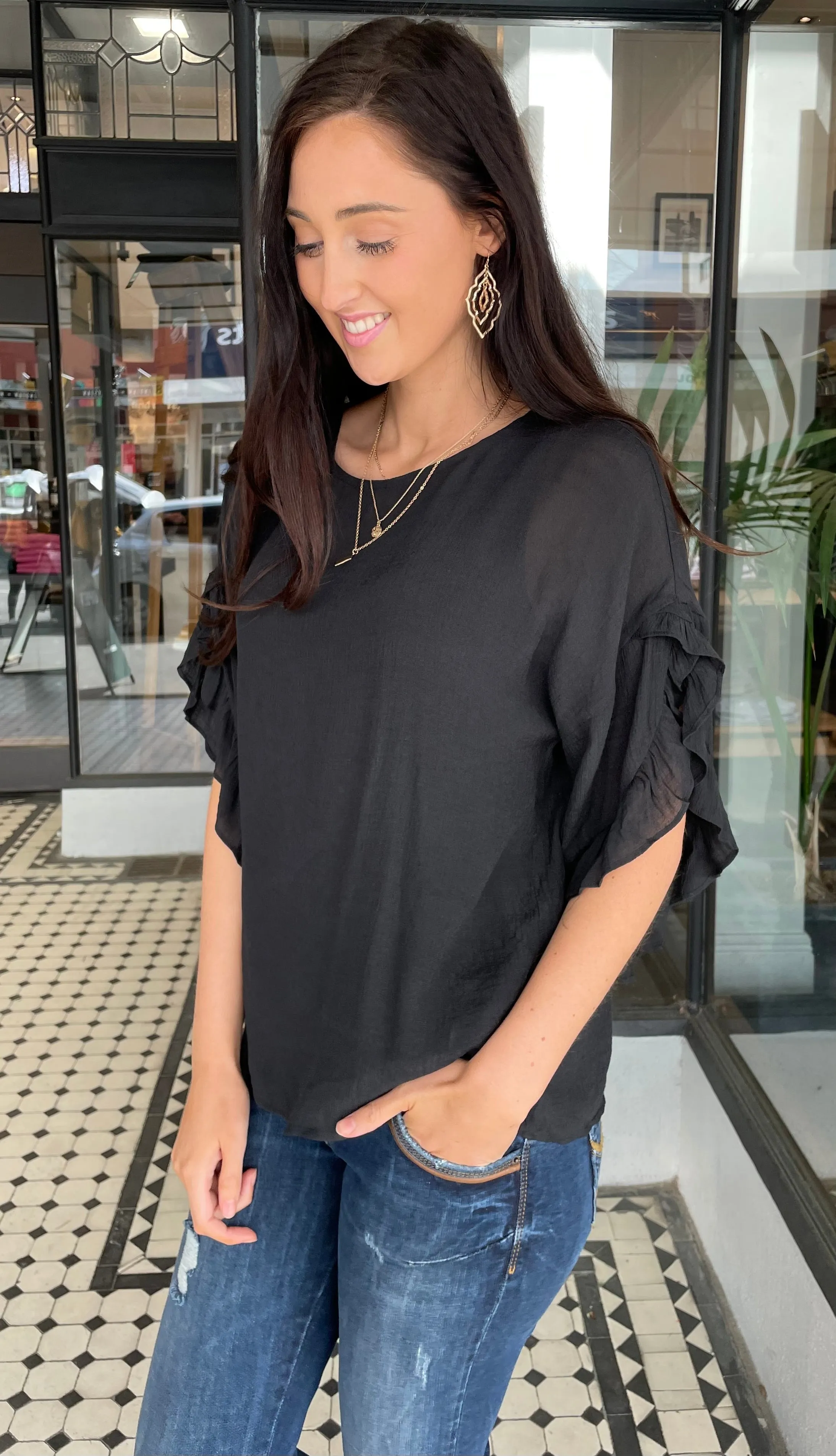 Alexa Ruffle Sleeve Top Black