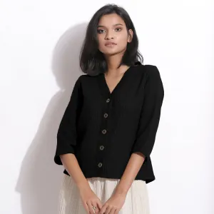 Black Warm Cotton Waffle Button-Down Top