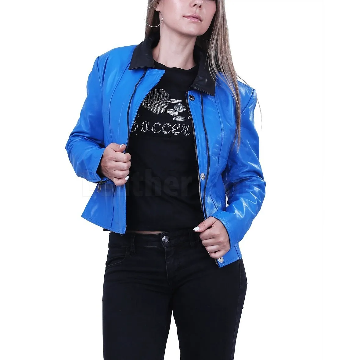 Blue Biker Leather Jacket for Women