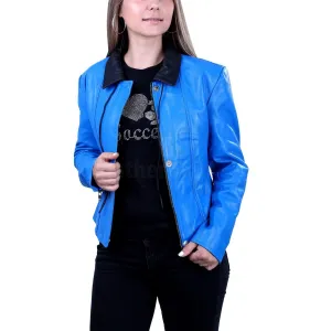 Blue Biker Leather Jacket for Women