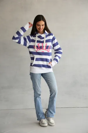 Blue Stripe Hello Cowl Neck Hoodie