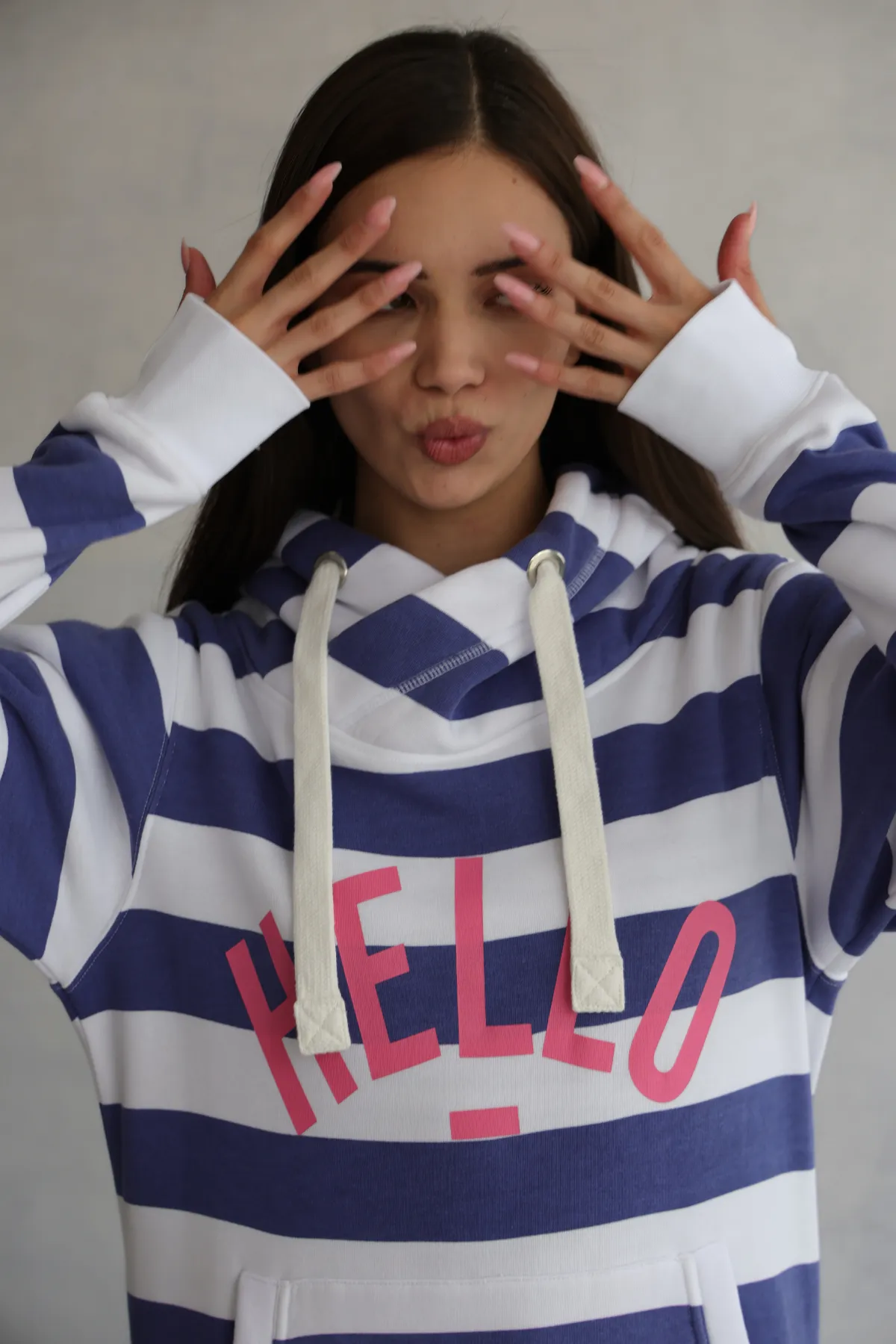 Blue Stripe Hello Cowl Neck Hoodie