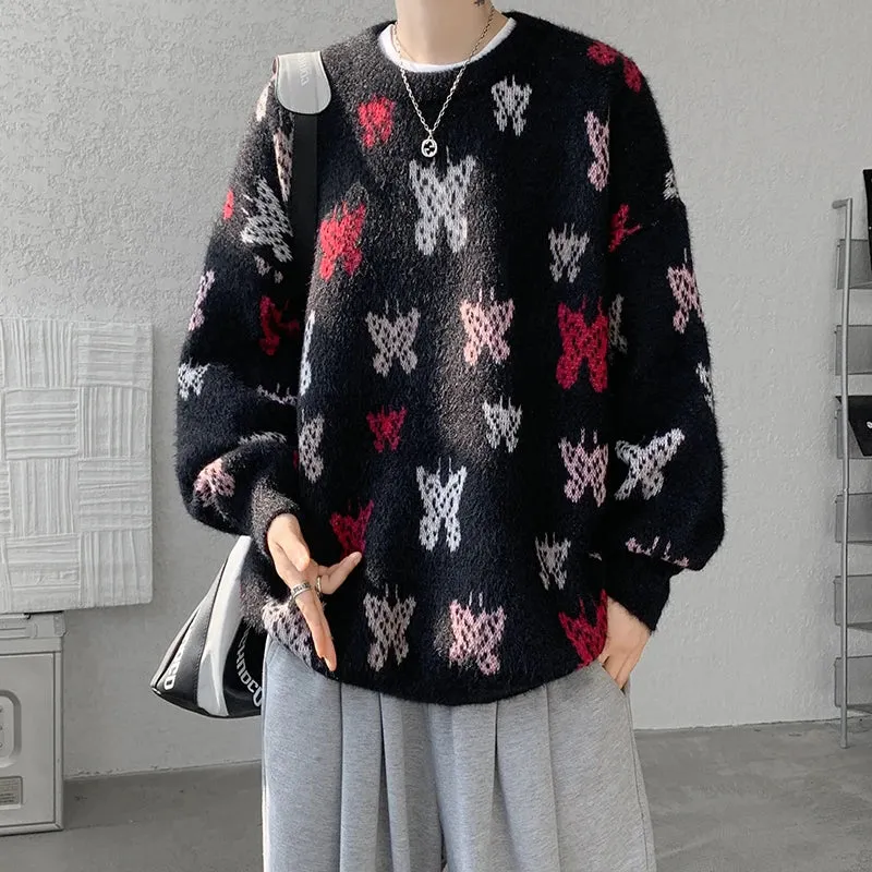 Bonsir Autumn Winter Butterfly Jacquard Pattern Sweater New Popular Casual Round Neck Contrast Color Knitted Men's Knitwear Pullover