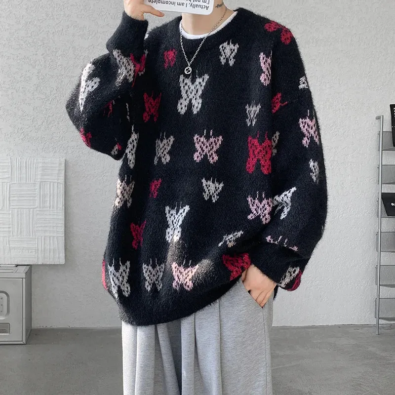 Bonsir Autumn Winter Butterfly Jacquard Pattern Sweater New Popular Casual Round Neck Contrast Color Knitted Men's Knitwear Pullover