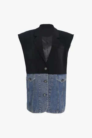 Contrast Denim Spliced Lapel Collar Single Breasted Oversized Blazer Vest