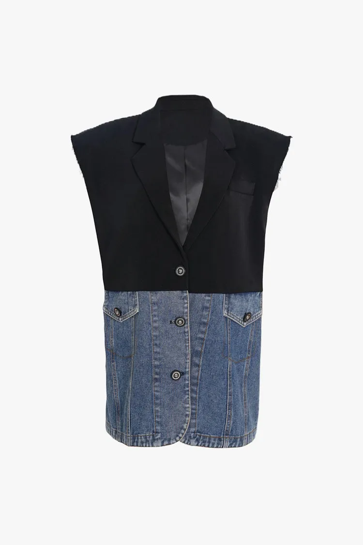 Contrast Denim Spliced Lapel Collar Single Breasted Oversized Blazer Vest