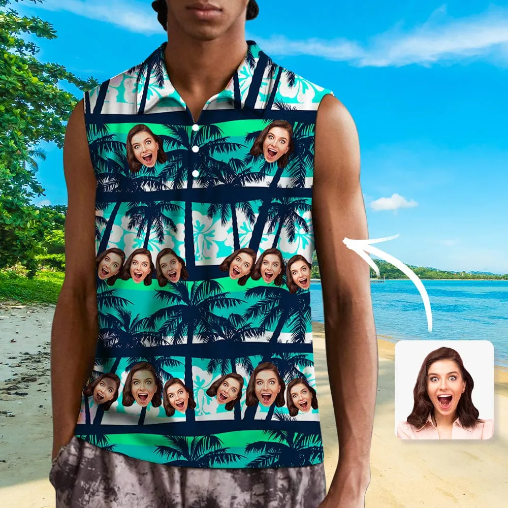 Custom Face Coconut Tree Sleeveless Polo Shirt Button Up Summer Casual Workout Tank Tops