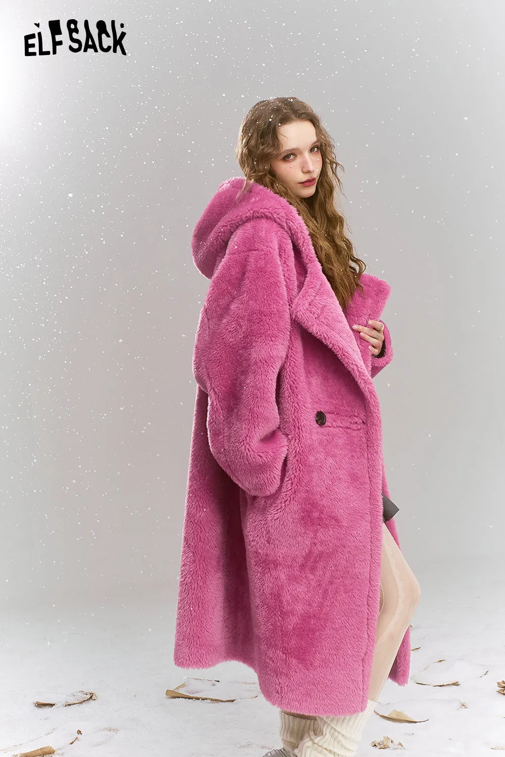 ELFSACK 2024 Winter New Arrivals Pink plush composite suede thick long hooded coat