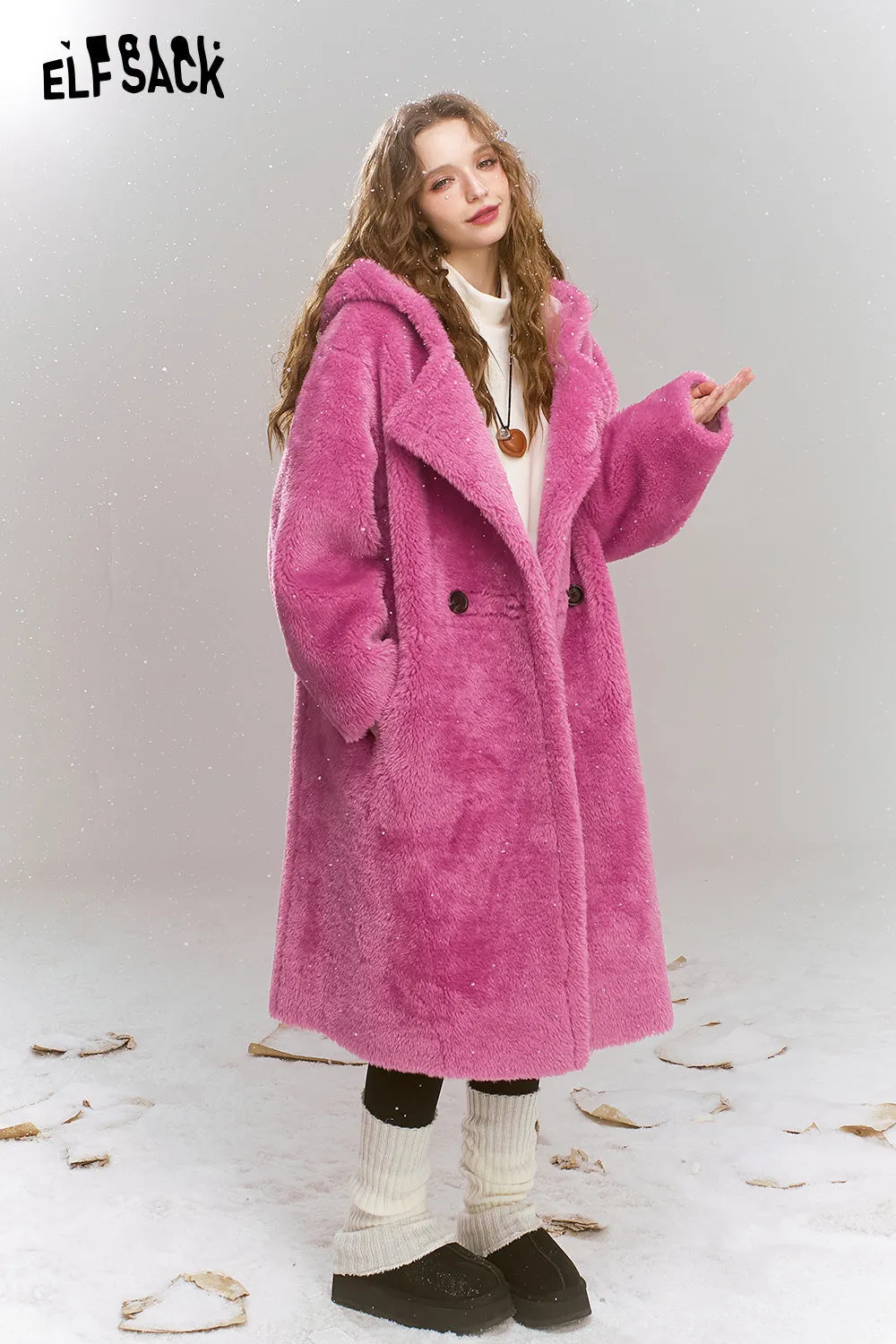 ELFSACK 2024 Winter New Arrivals Pink plush composite suede thick long hooded coat