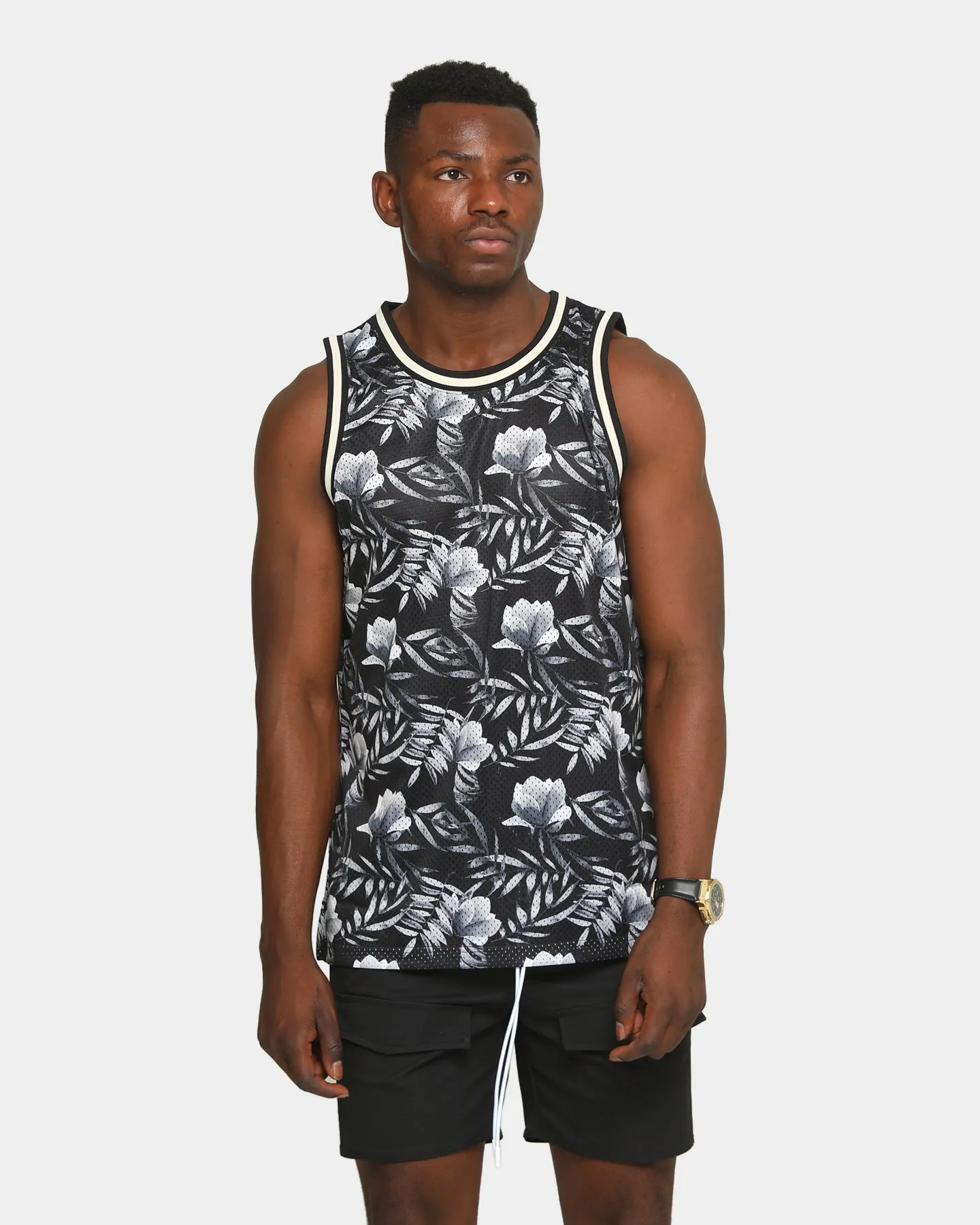 EN ES Men's Floral Basketball Jersey Black/Floral