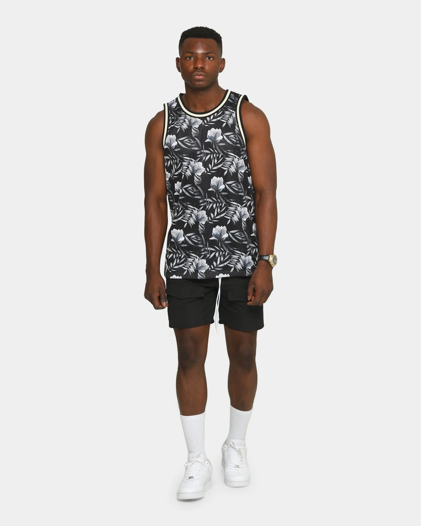 EN ES Men's Floral Basketball Jersey Black/Floral