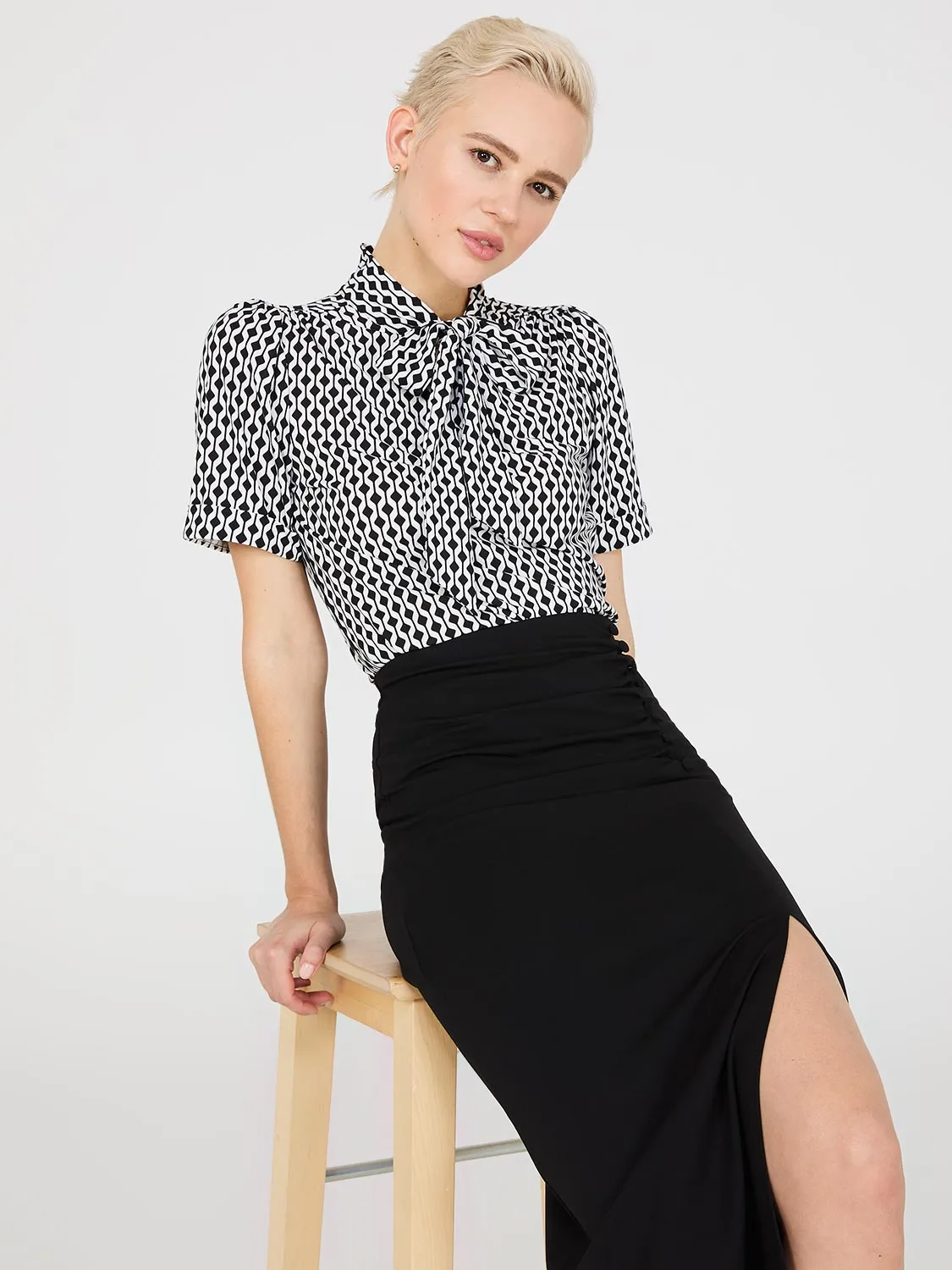 Geo Print Short Sleeve Tie-Neck Top