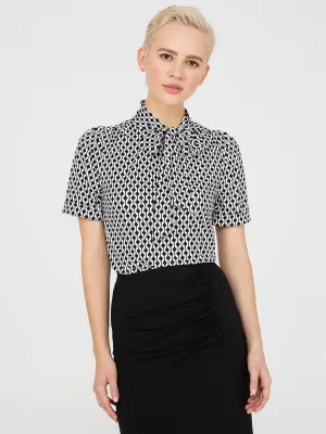 Geo Print Short Sleeve Tie-Neck Top