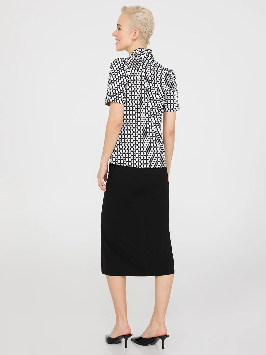 Geo Print Short Sleeve Tie-Neck Top