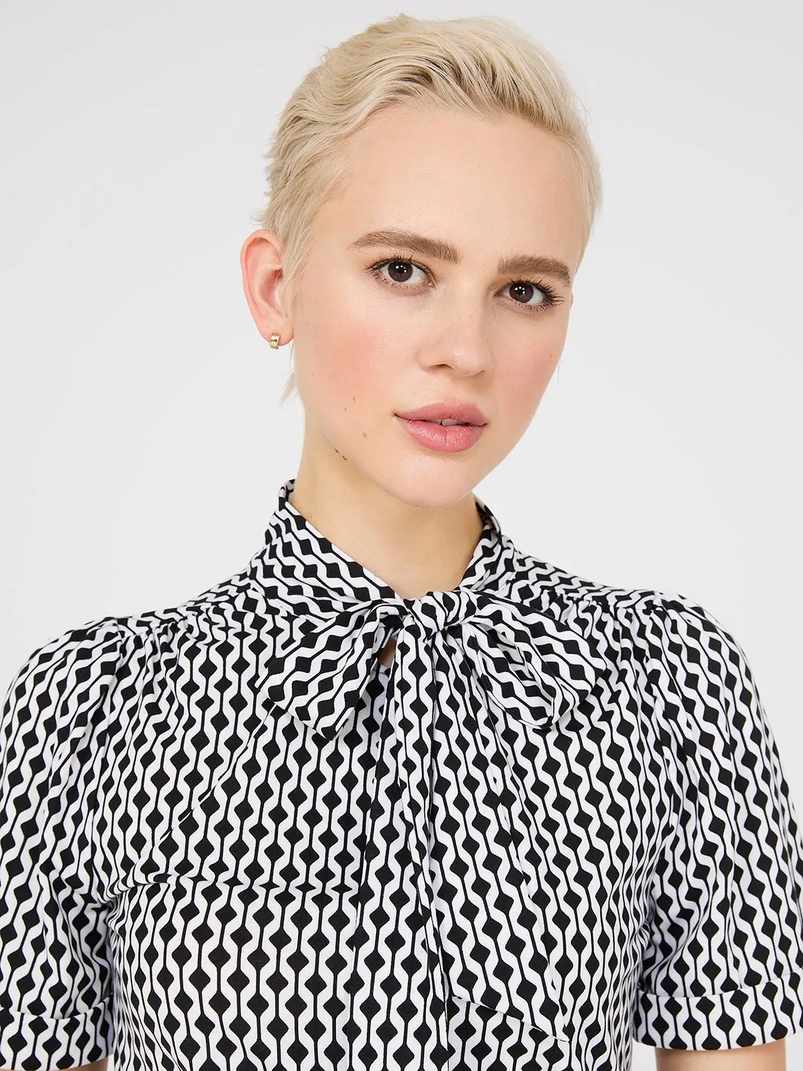 Geo Print Short Sleeve Tie-Neck Top