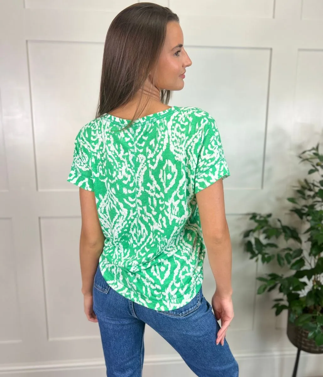 Green Linen Blend Printed Top