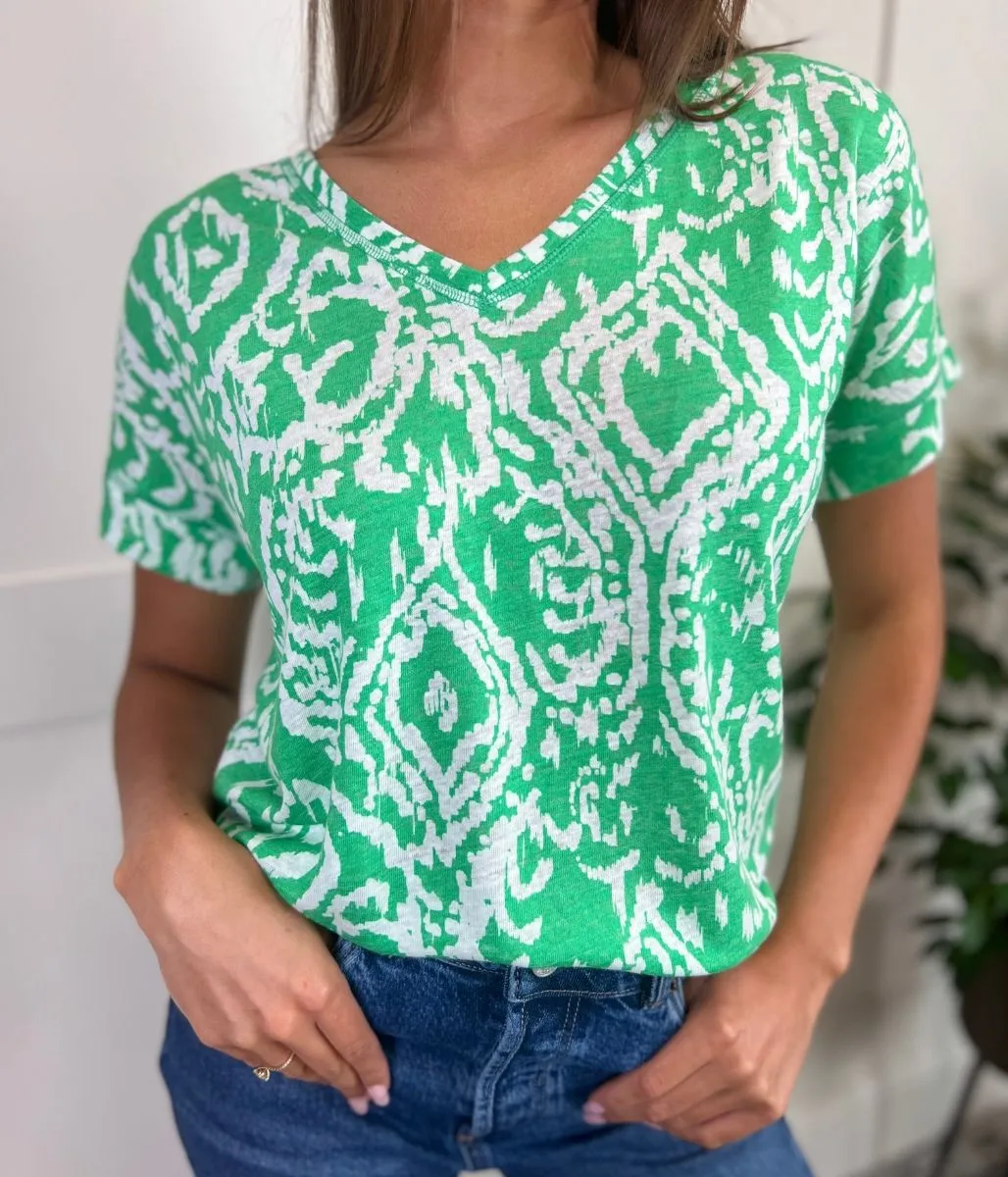 Green Linen Blend Printed Top