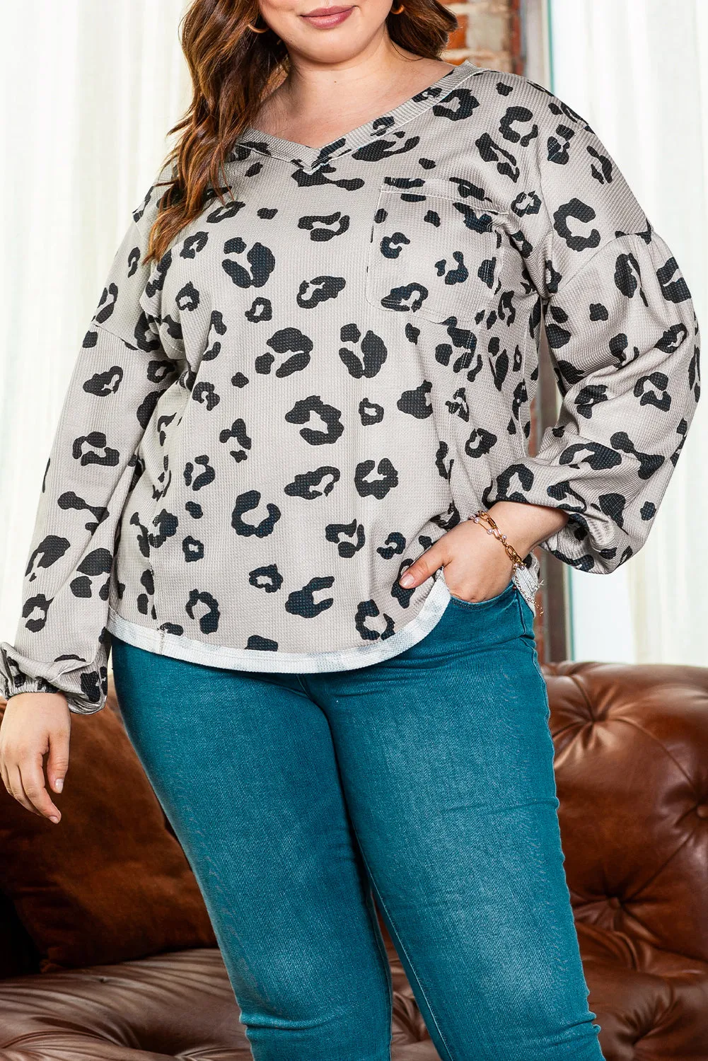 Leopard Thermal Knit Plus Size Top