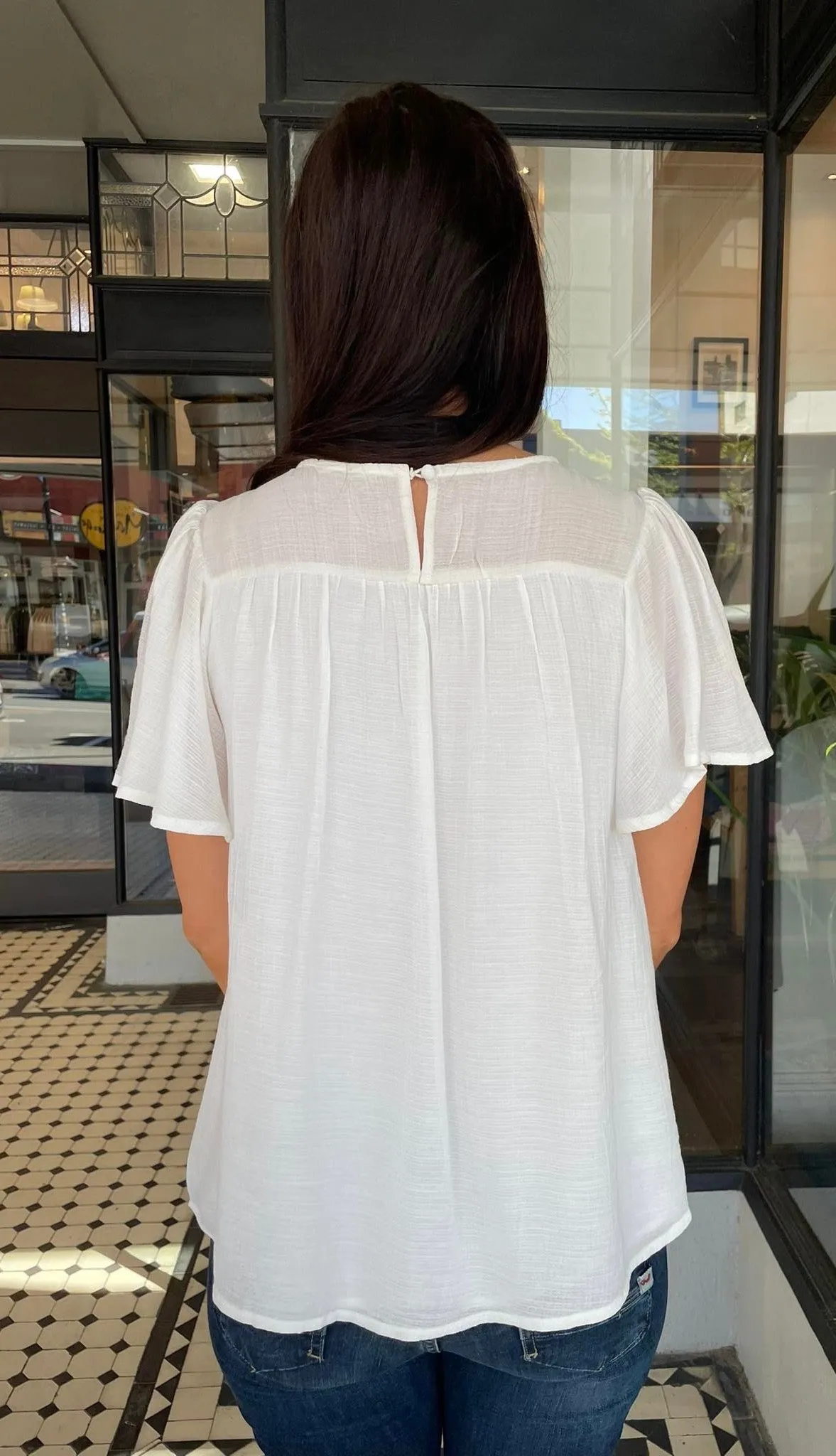 Mara Flutter Sleeve Diamond Smocked Top Off White