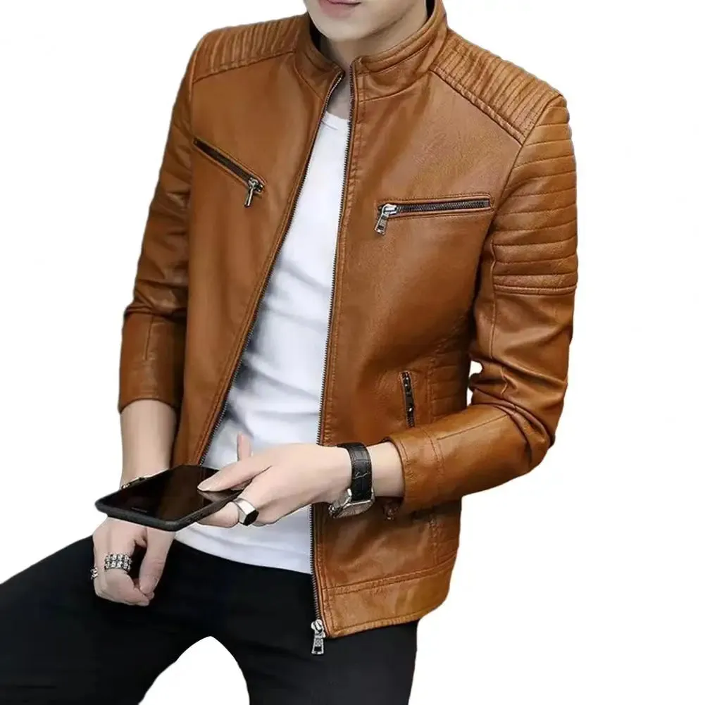 Men Faux Leather Jacket Men Fleece Lining Jacket Men's Fleece-lined Stand Collar Jacket Stylish Pleated for Autumn/winter