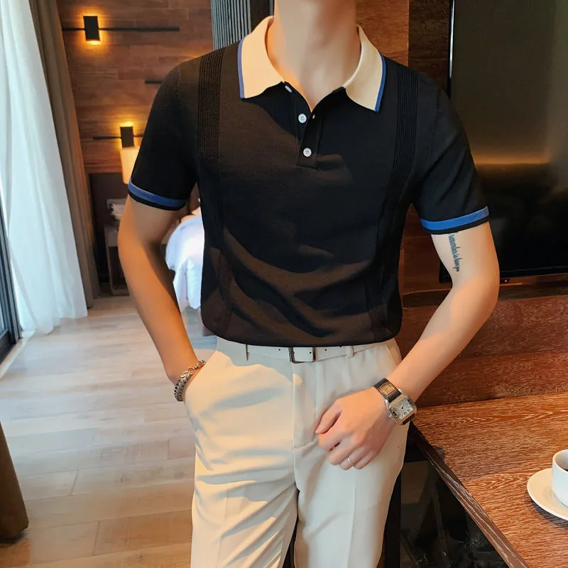 Neck Two-tone Decorated Polo Shirt