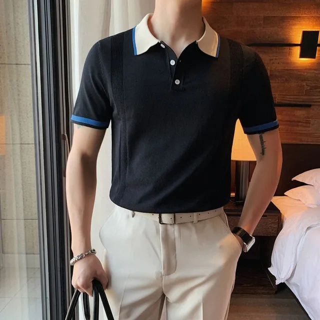 Neck Two-tone Decorated Polo Shirt