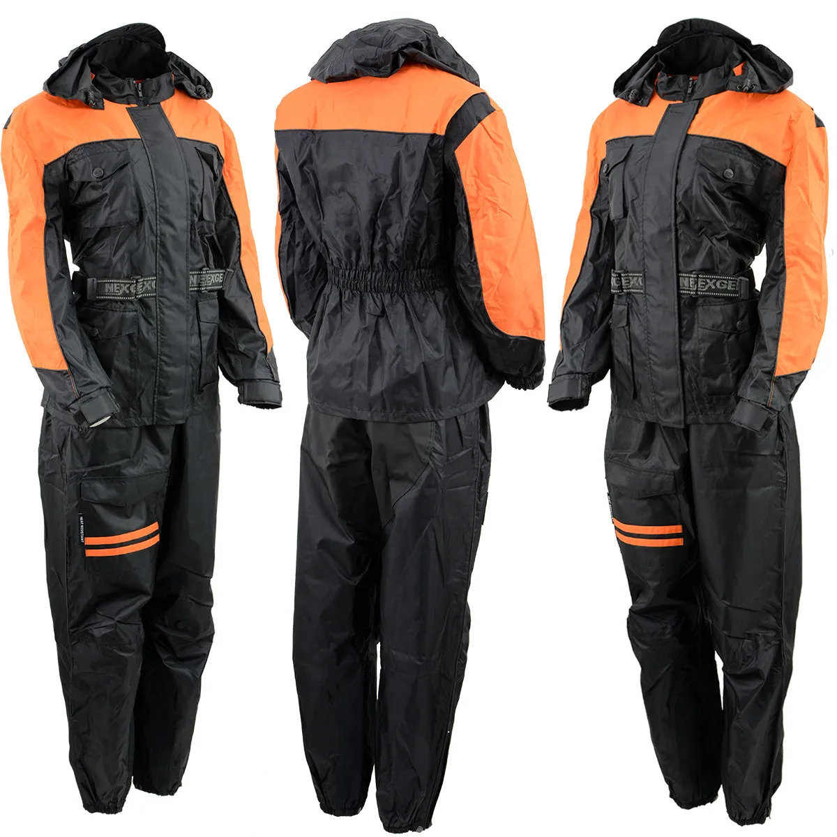 NexGen Ladies SH205101 Black and Orange Armored Hooded Water Proof Rain Suit