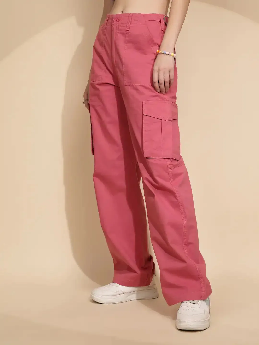 Peach Cotton Straight Relaxed Fit Cargo For Women