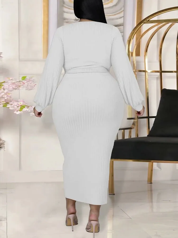 Plus Size Two Piece Ribbed Skirt Suits