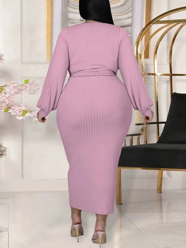 Plus Size Two Piece Ribbed Skirt Suits