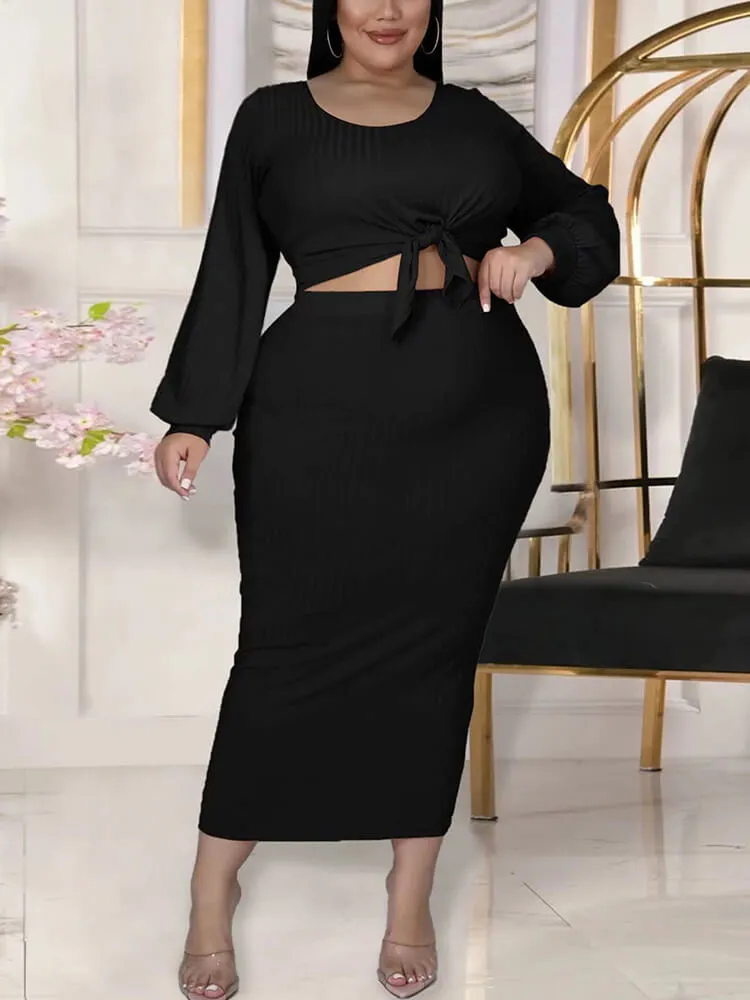 Plus Size Two Piece Ribbed Skirt Suits