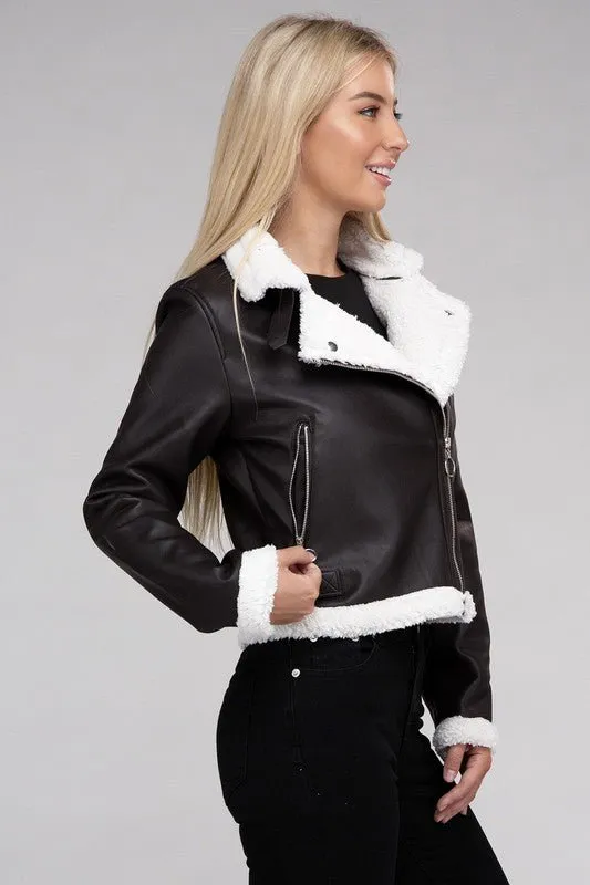 Plush Teddy Trimmed PU Jacket