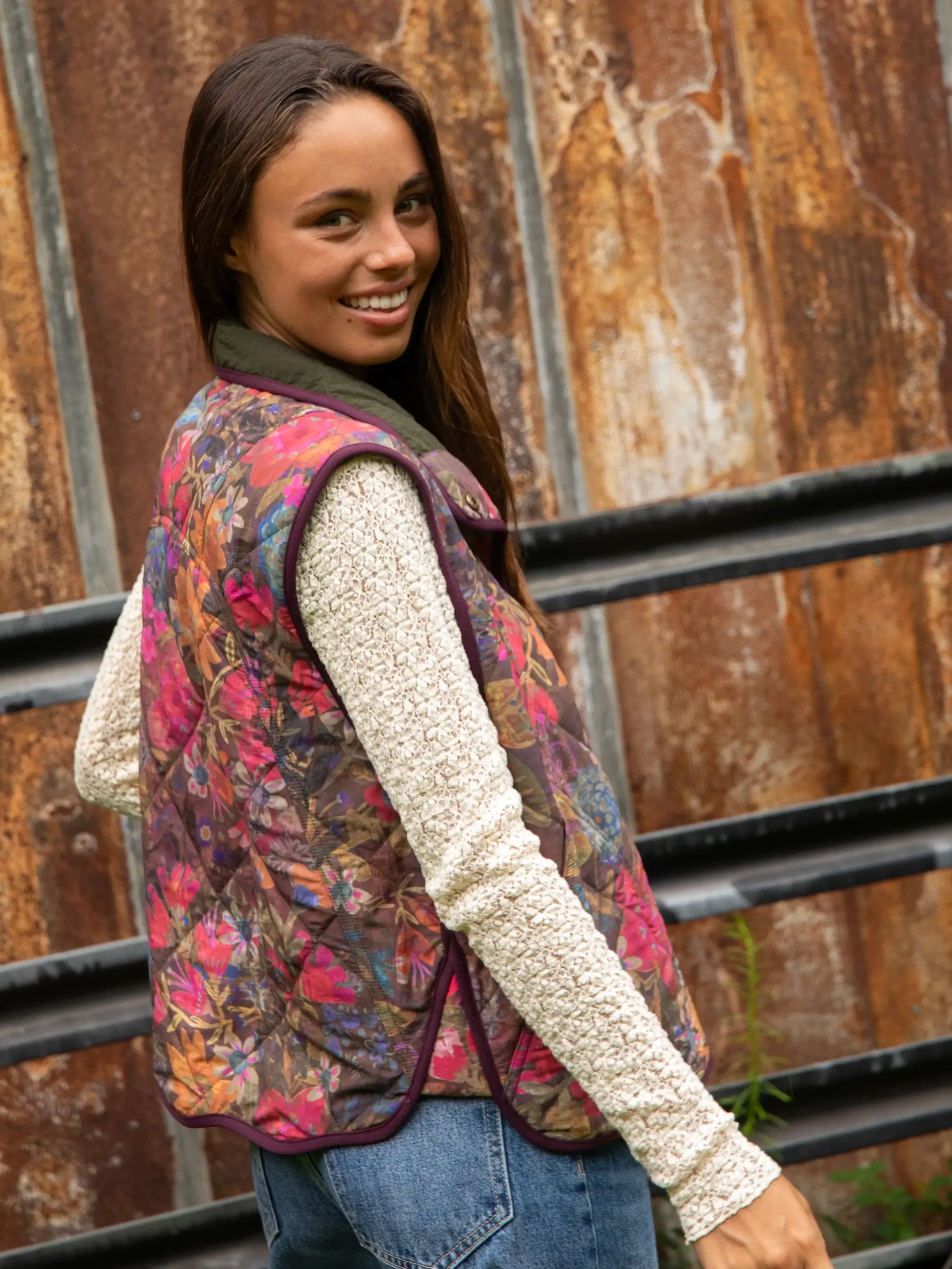 Quilted Puffer Vest - Dark Floral Garden Brown