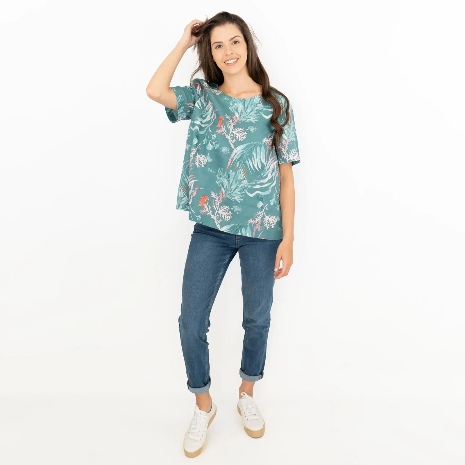 Seasalt Green Seaweed Linen Blouse Relaxed Fit Short Sleeve Tops