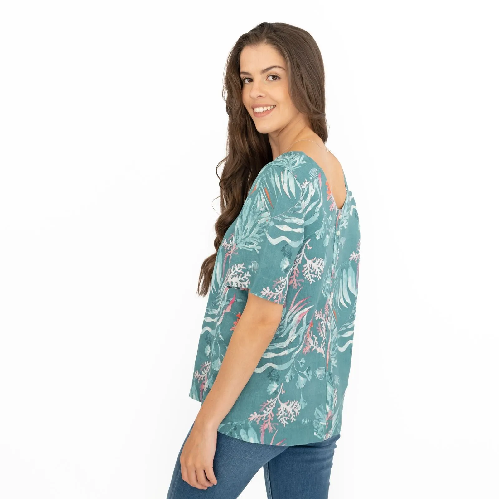 Seasalt Green Seaweed Linen Blouse Relaxed Fit Short Sleeve Tops