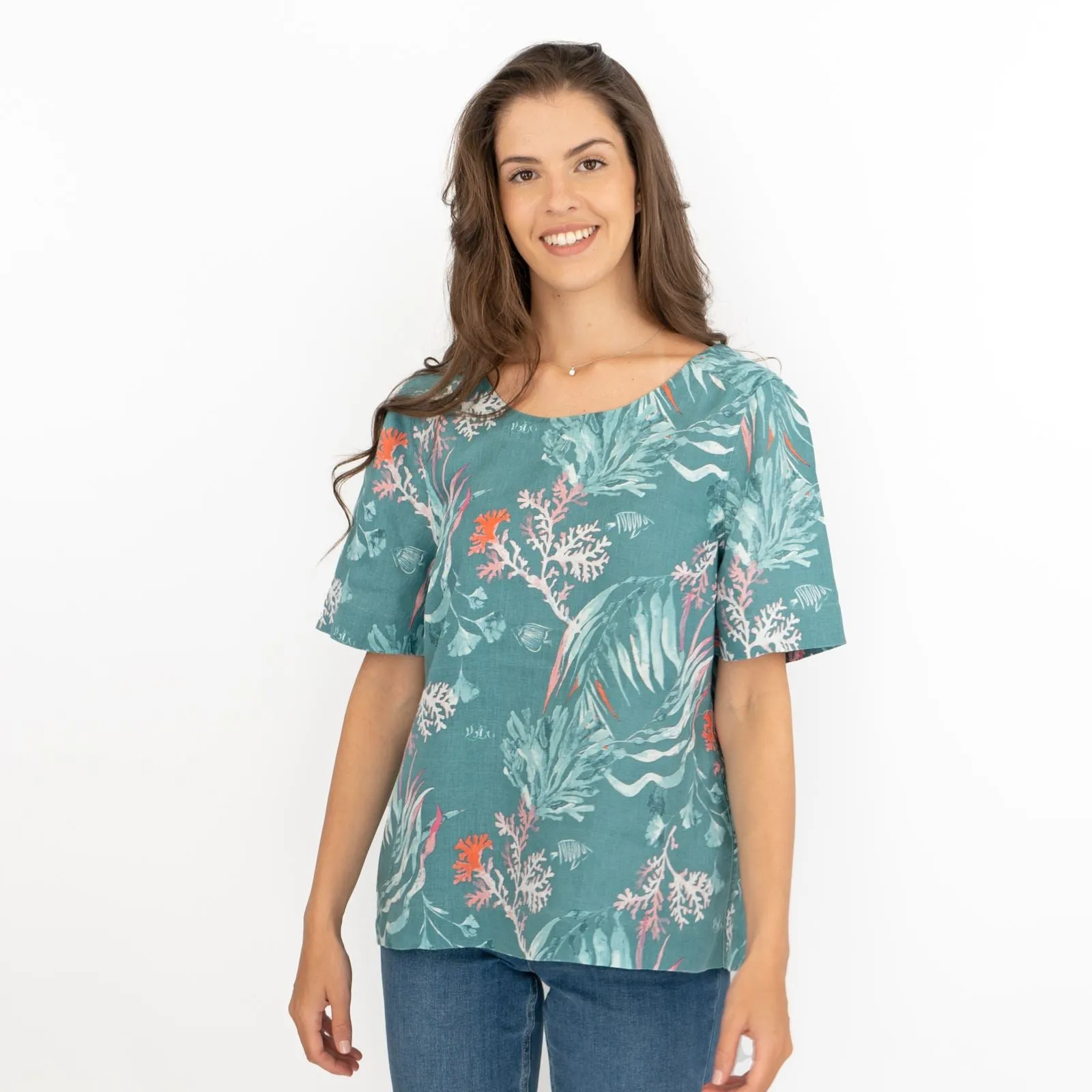 Seasalt Green Seaweed Linen Blouse Relaxed Fit Short Sleeve Tops