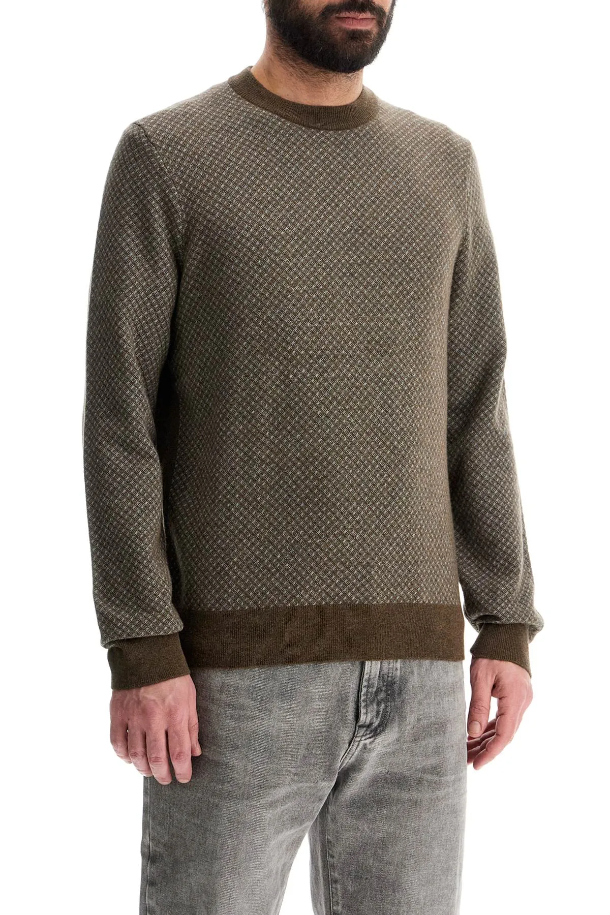 Slim Fit Diamond Pattern Green Wool And Cotton Sweater