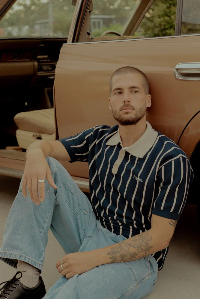 Striped Knit Ss Polo Navy