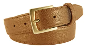 Tan Pebbled Leather Belt, Signature Buckle (Gold)