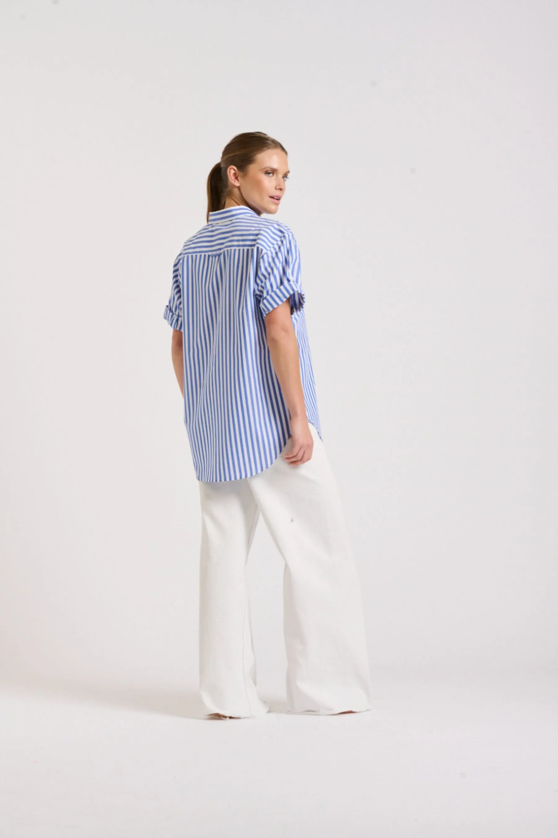 The Annie Short Sleeve Shirt | Mid Blue Stripe