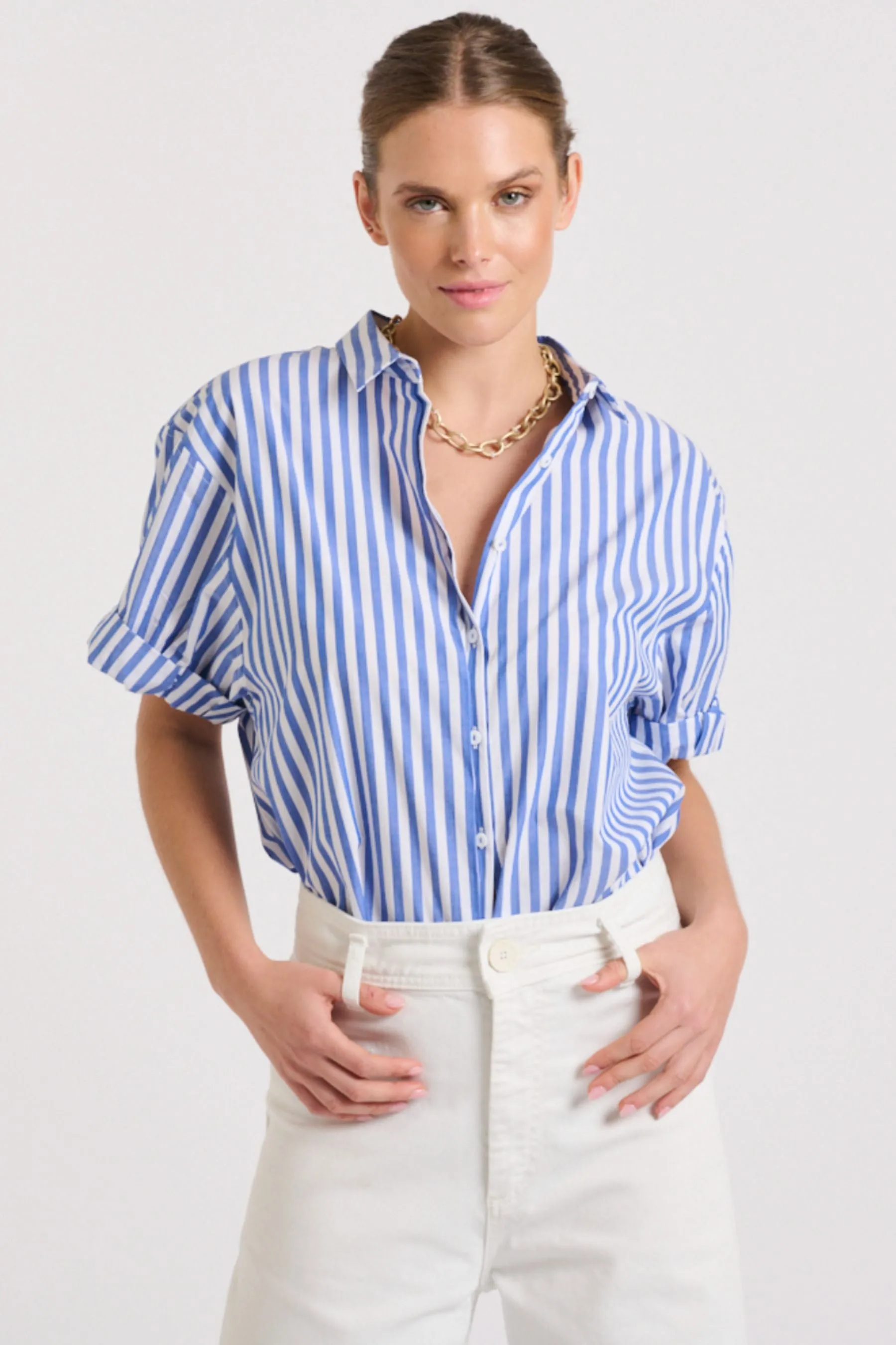 The Annie Short Sleeve Shirt | Mid Blue Stripe