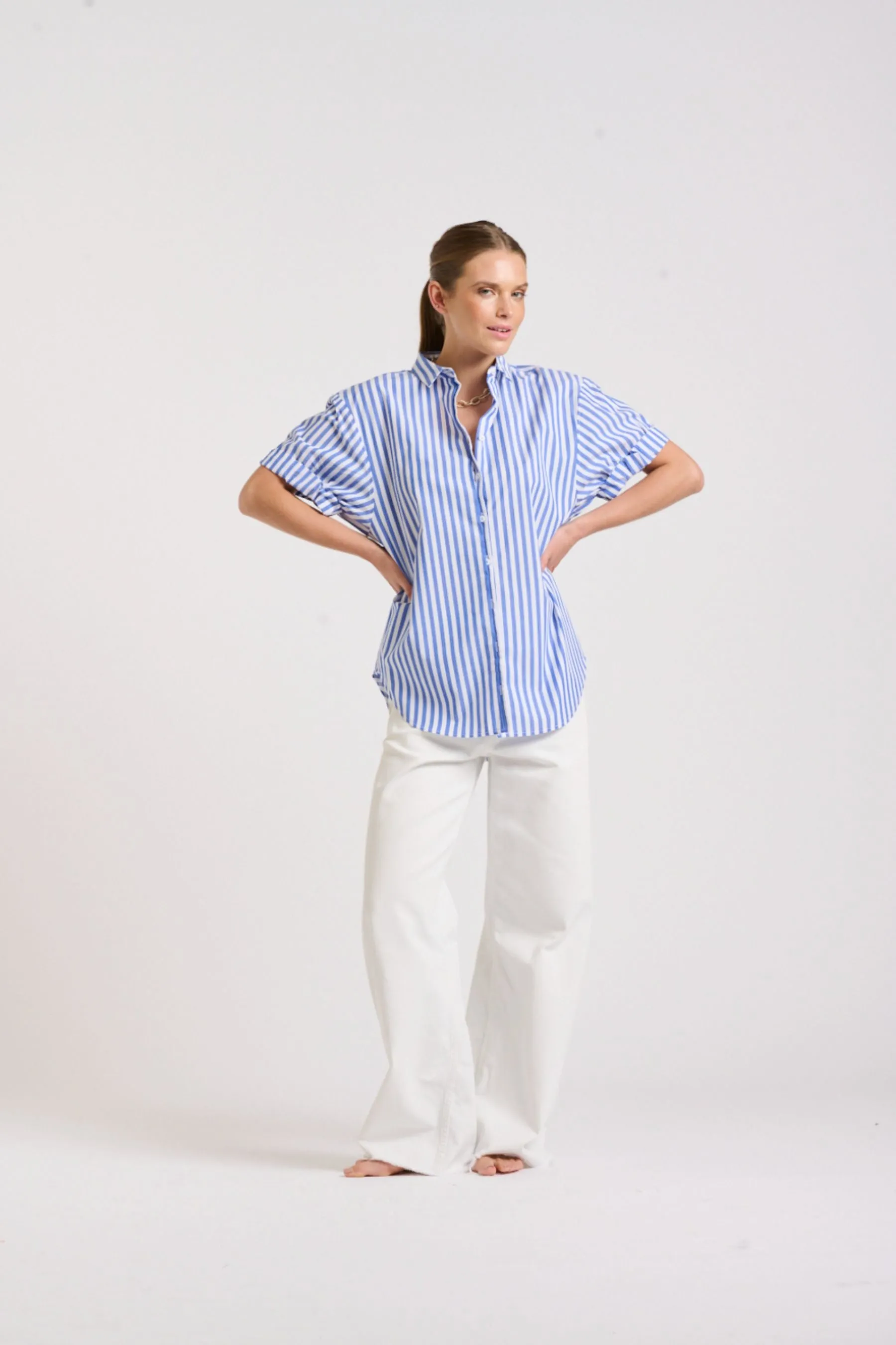 The Annie Short Sleeve Shirt | Mid Blue Stripe