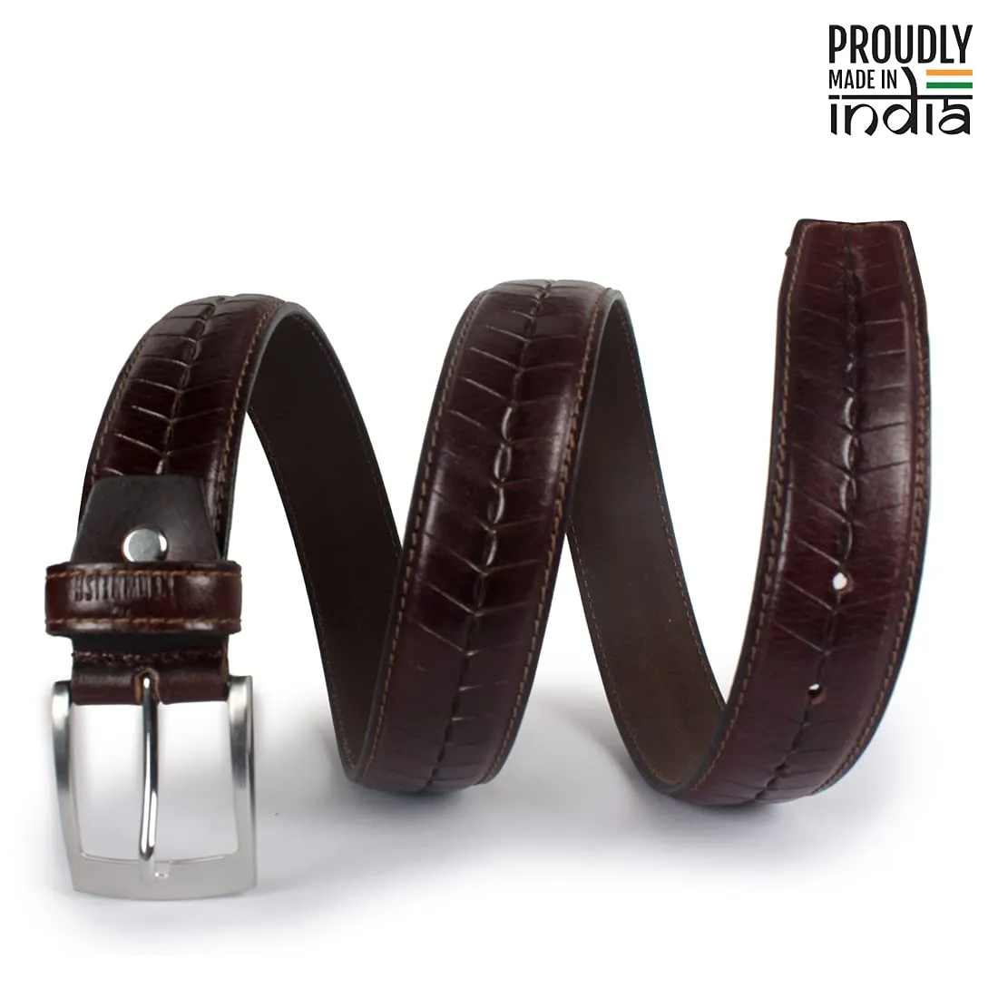 THE CLOWNFISH Men's Genuine Leather Belt with Embossed Design - Dark Brown (Size - 32 inches)