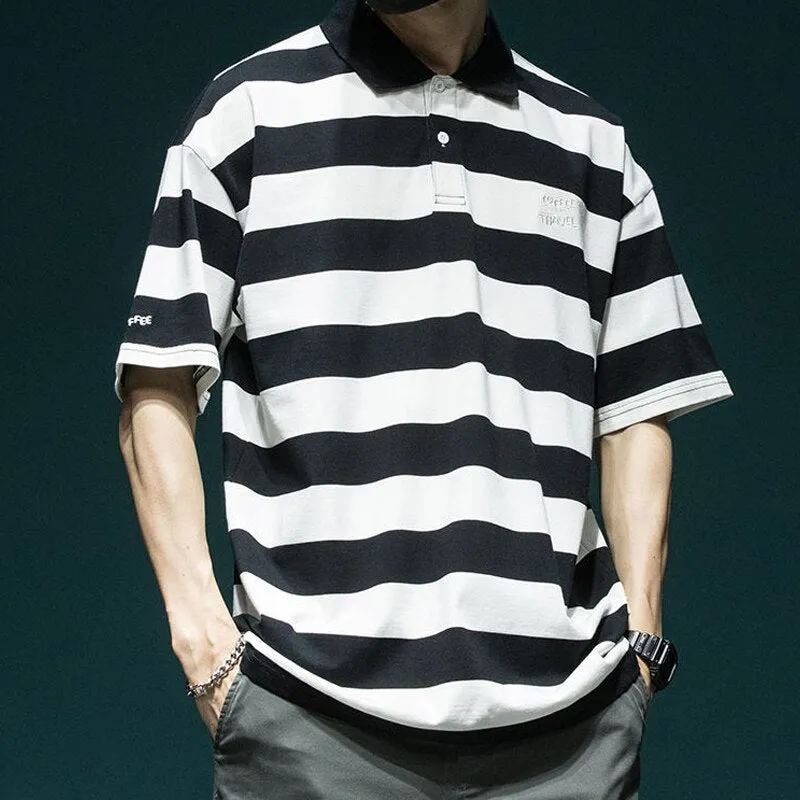 Trend Color Matching Stripe Polo Shirt T-shirt Man Summer New Half Sleeve Loose Button Streetwear Fashion All-match Youth Top