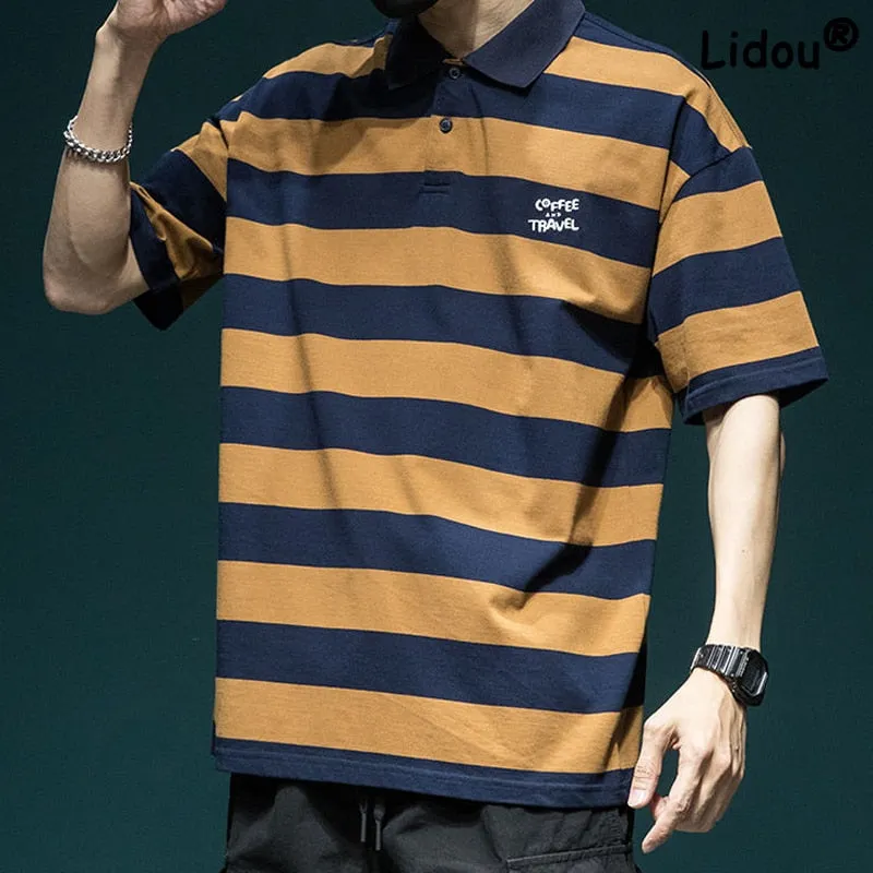 Trend Color Matching Stripe Polo Shirt T-shirt Man Summer New Half Sleeve Loose Button Streetwear Fashion All-match Youth Top