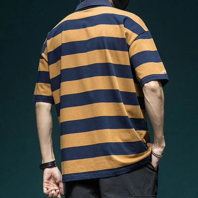 Trend Color Matching Stripe Polo Shirt T-shirt Man Summer New Half Sleeve Loose Button Streetwear Fashion All-match Youth Top