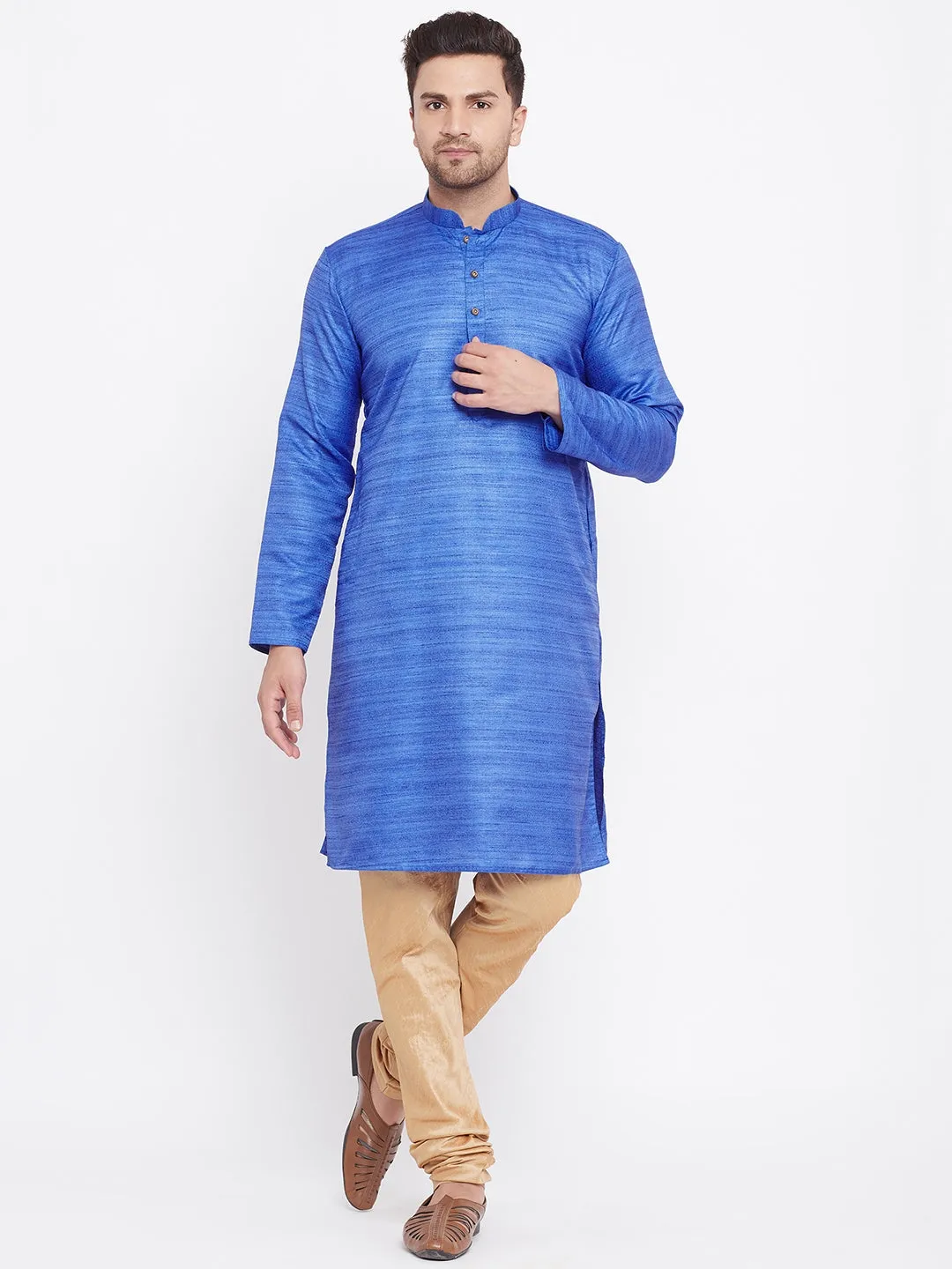 Vastramay Blue & Rose Gold Silk Kurta