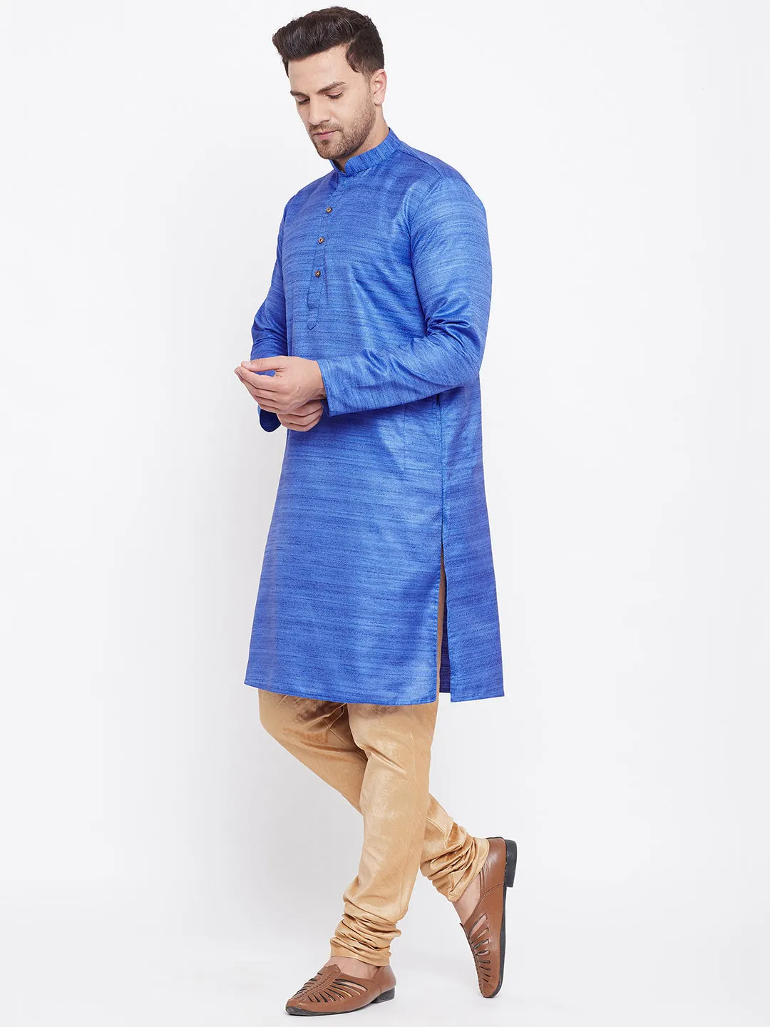 Vastramay Blue & Rose Gold Silk Kurta