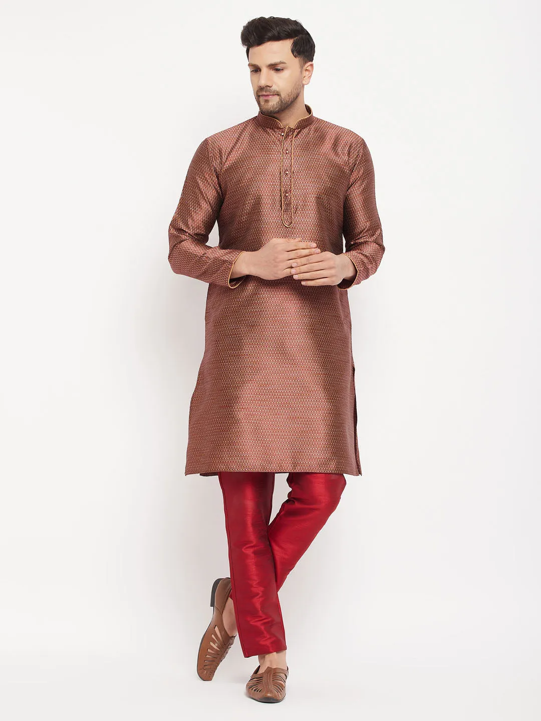 VASTRAMAY Maroon Silk Blend Kurta Set