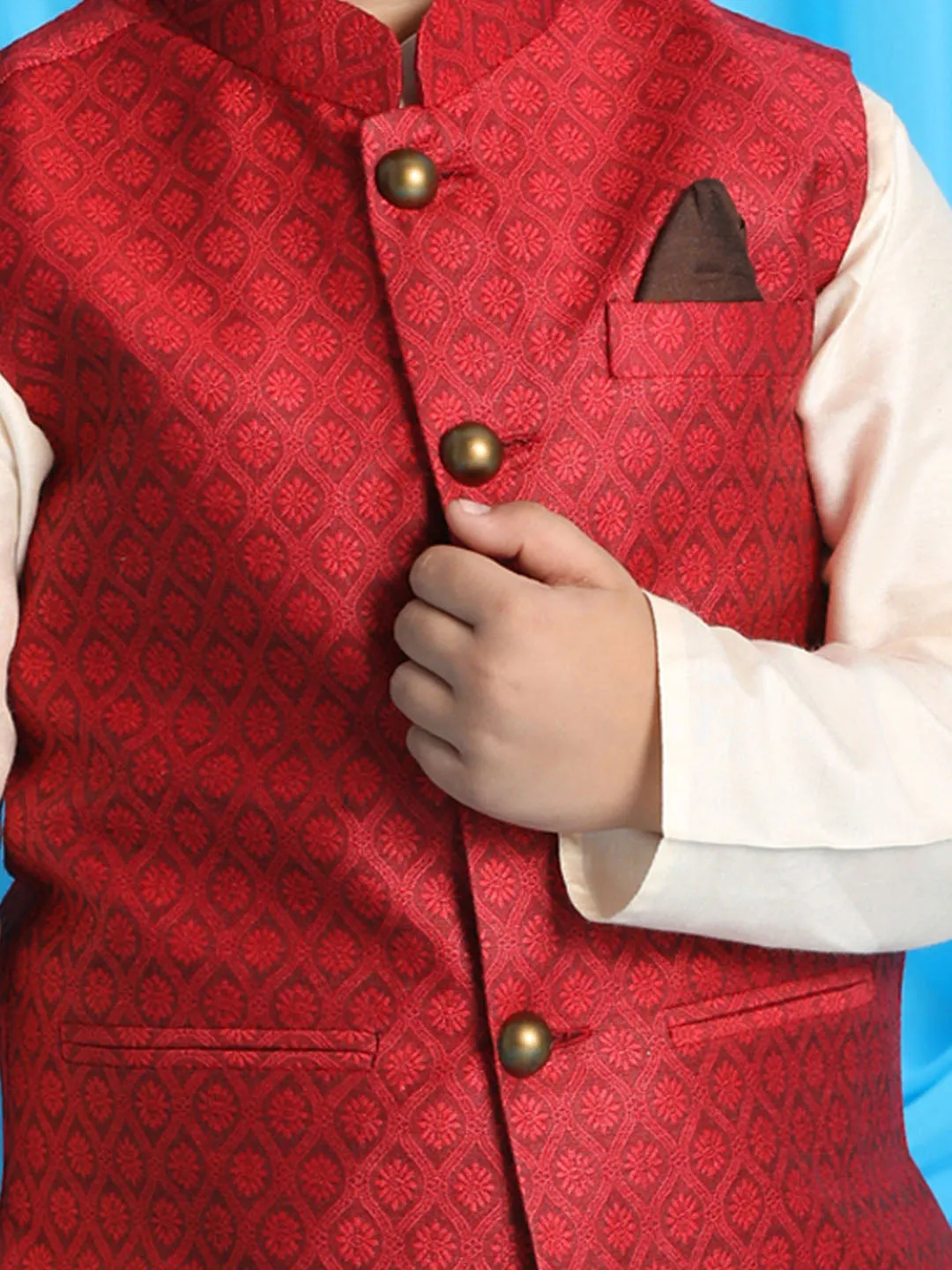 VASTRAMAY Maroon Woven Jacket With Cream Kurta and Pyjama Baap Beta Set